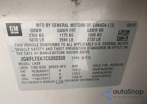 2012 GMC Terrain Sle-2 z USA, uszkodzony, nr VIN 2GKFLTEK7C6282330